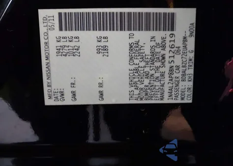 2011 Nissan Altima 2.5 S z USA, uszkodzony, nr VIN 1N4AL2AP8BN512619